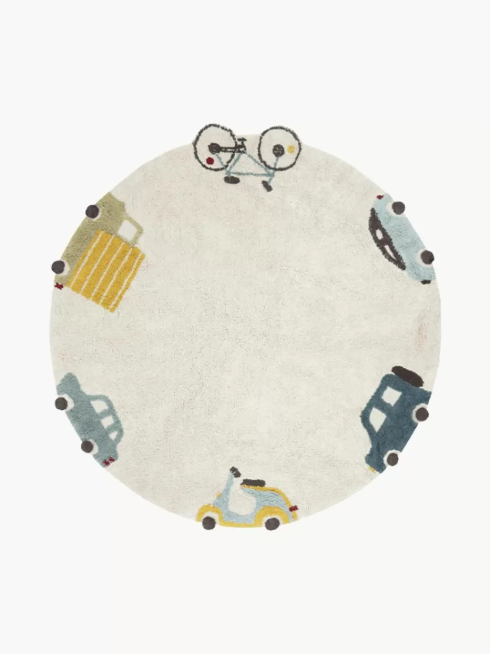 Lorena Canals Handgetuft rond kindervloerkleed Wheels met hoog-laag effect, wasbaar | Kindervloerkleden | Kindervloerkleden