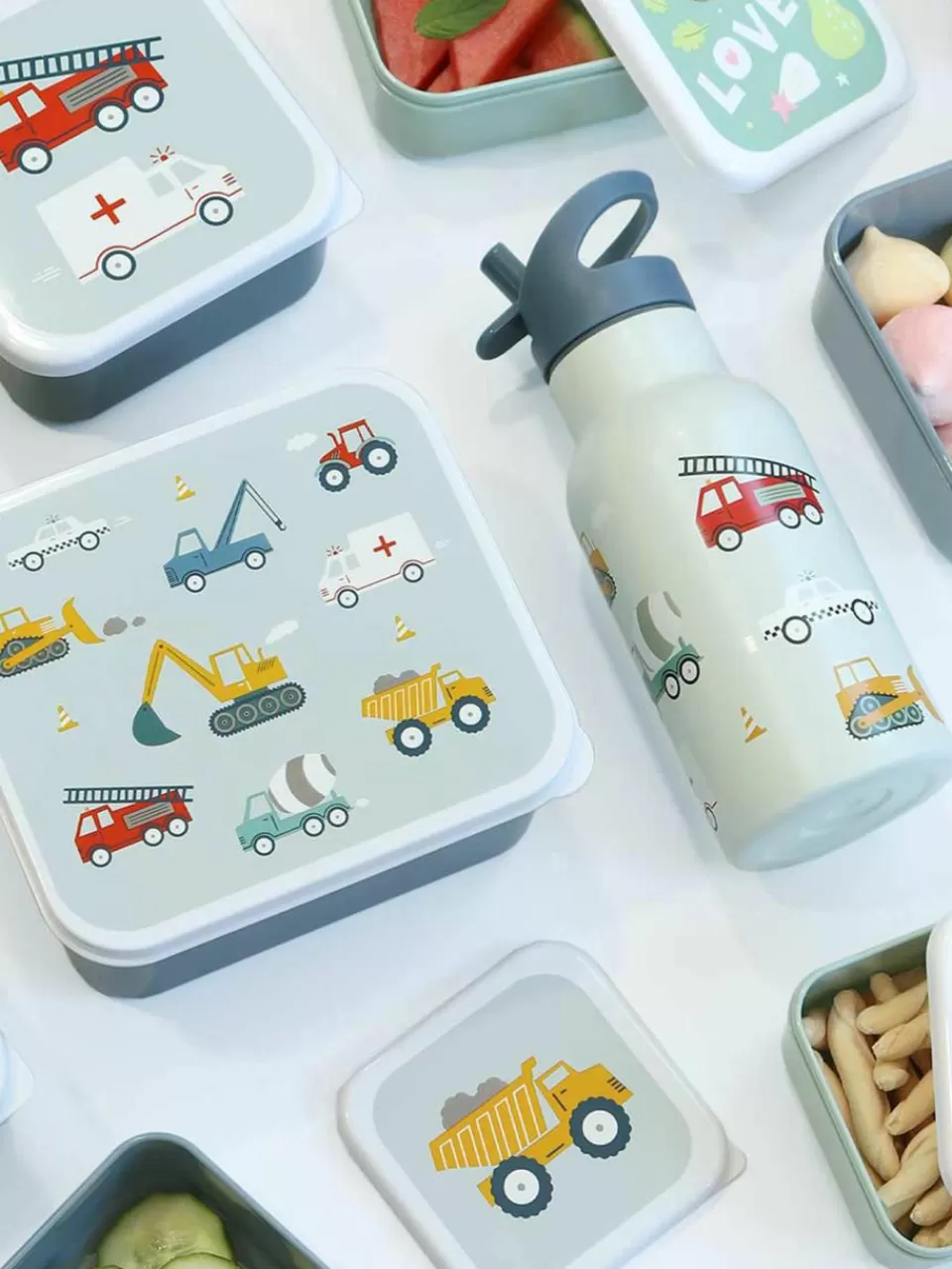 A Little Lovely Company Kinderlunchboxen Vehicles, set van 4 | Broodtrommels & Flessen | Kinderservies & -Bestek